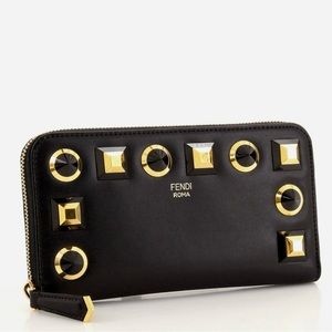 Fendi Black Leather Studded Zip Around Wallet